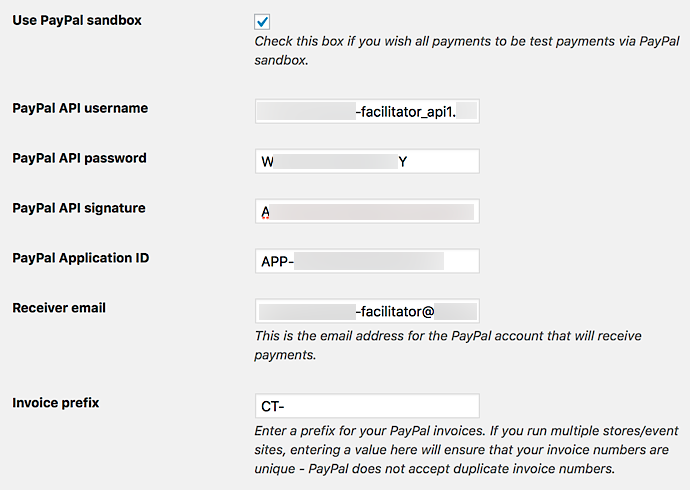 Example of PayPal Split Payments settings for Sandbox mode