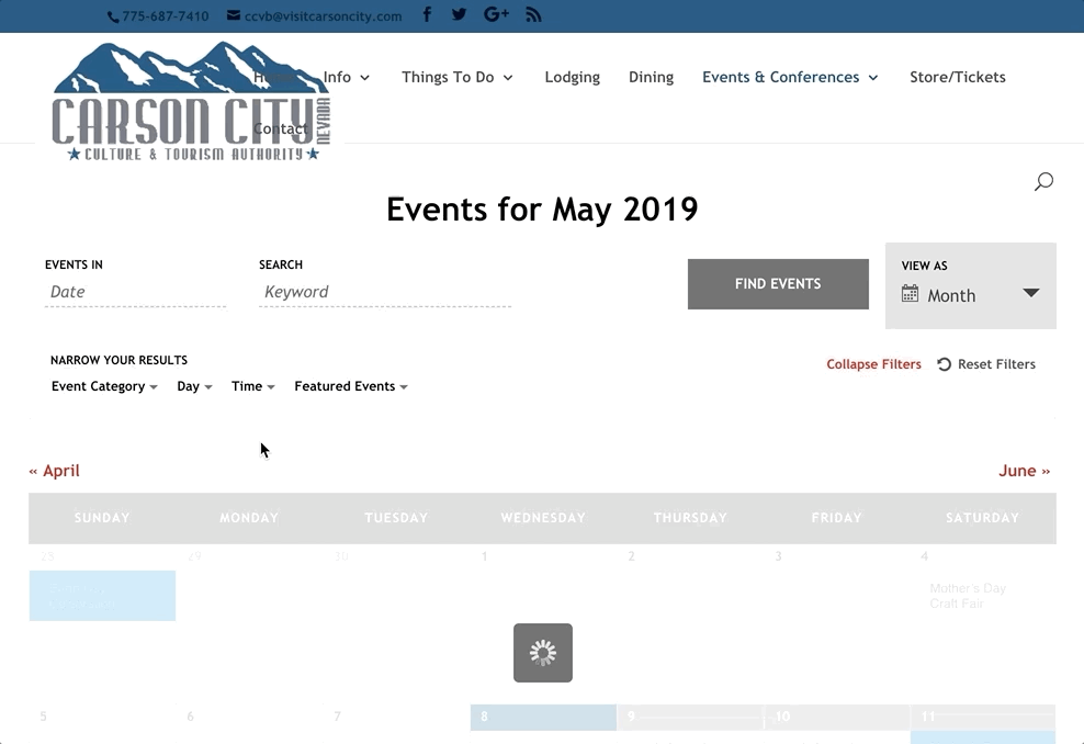 An animated screenshot of the Visit Carson City calendar page showing the full calendar for the month of May 2019. In the animation, the mouse cursor open a category filter that displays a dropdown of category options. The cursor selects the shopping category and the calendar goes from having hundreds of events to just two.