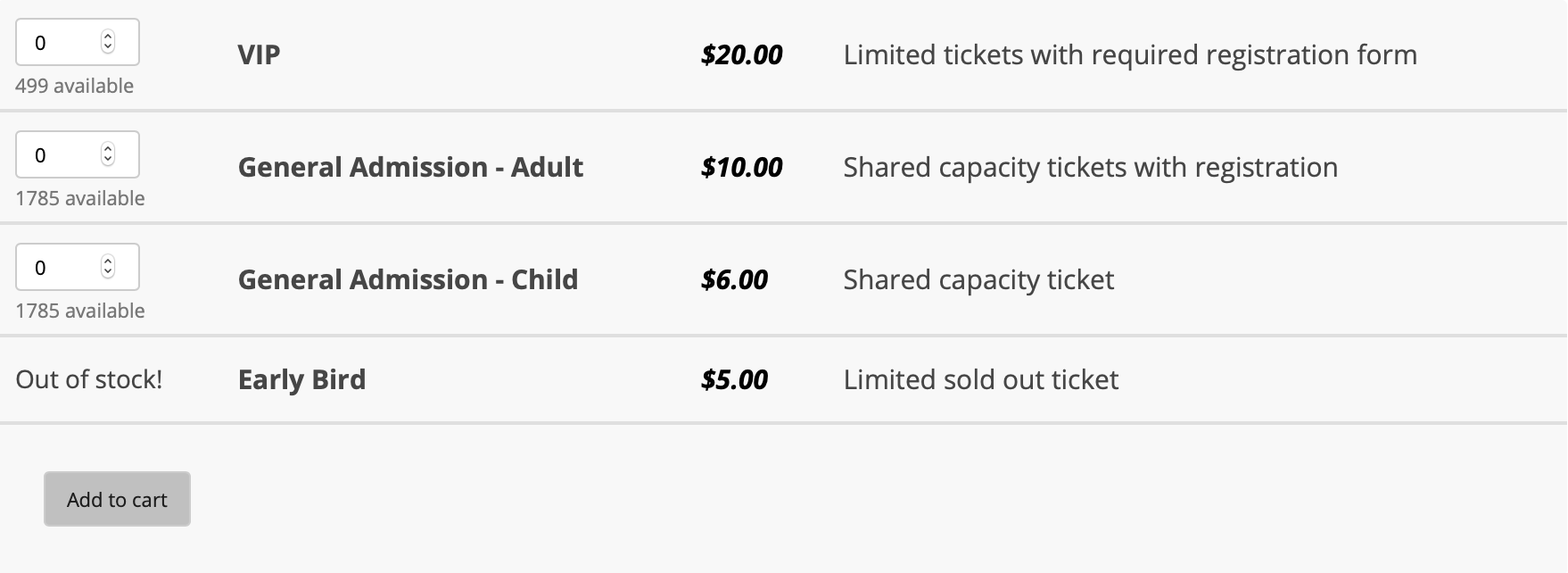 Showing tickets on an event page with four different ticket types.