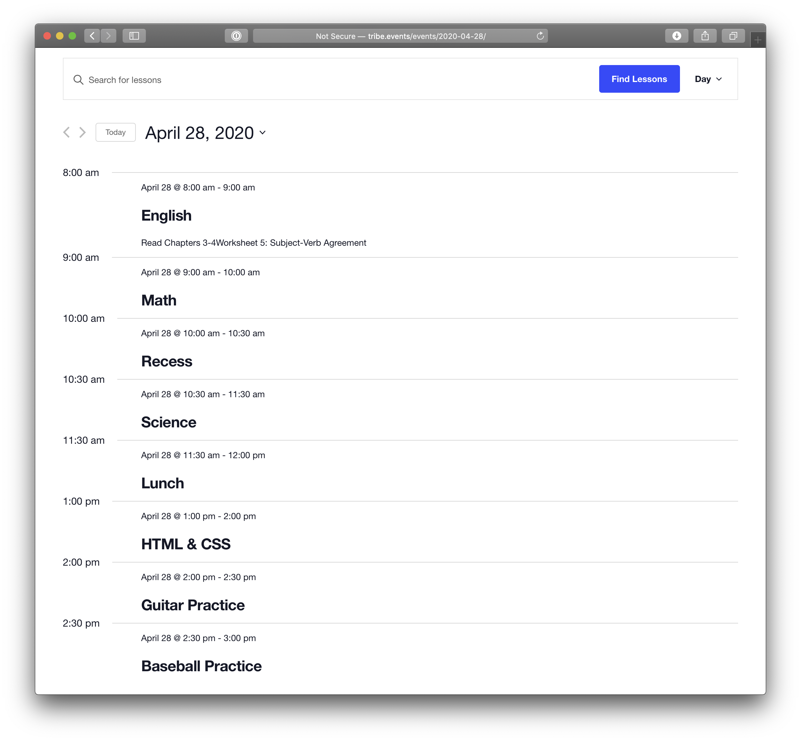 Screenshot of the calendar view for April 28 showing all upcoming lessons for that day.